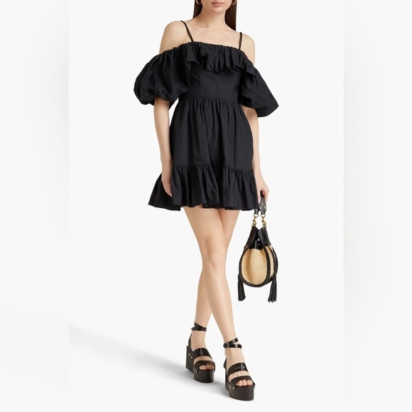 Ulla Johnson | Lila cold-shoulder gathered cotton-poplin mini dress In Black 2 - Picture 2 of 11